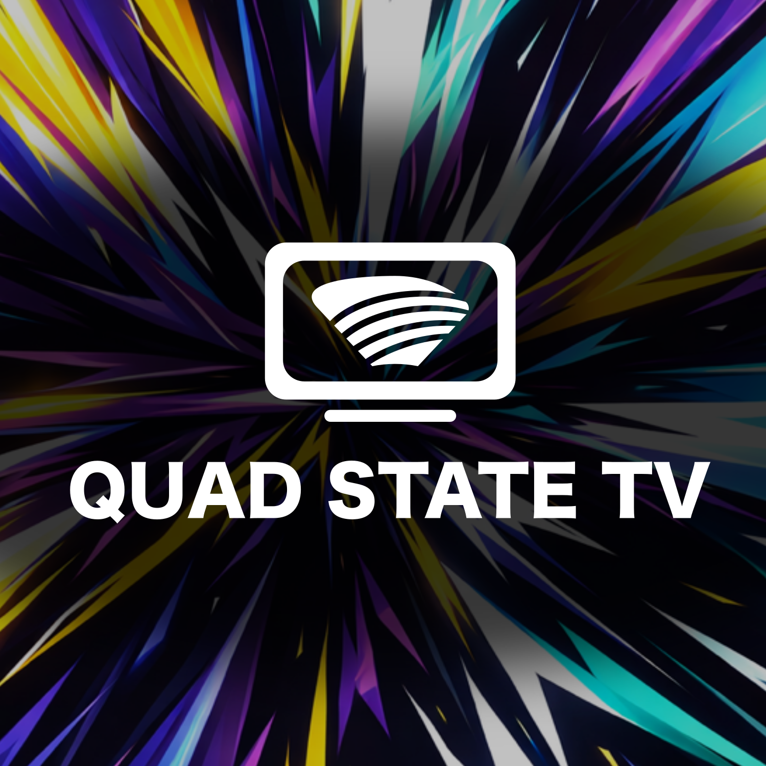 Quad State TV white logo over a vivid radial color burst