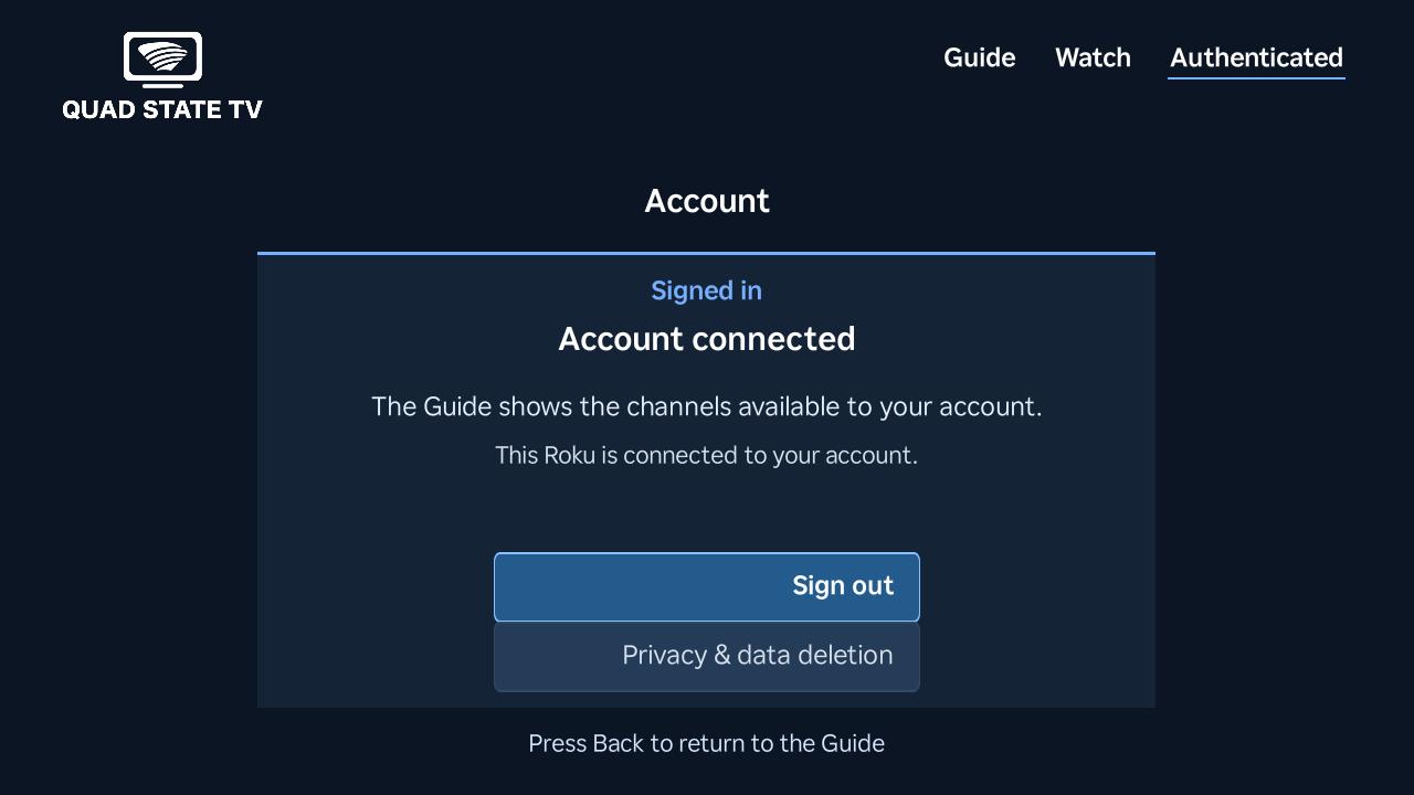 Quad State TV on Roku showing Account connected